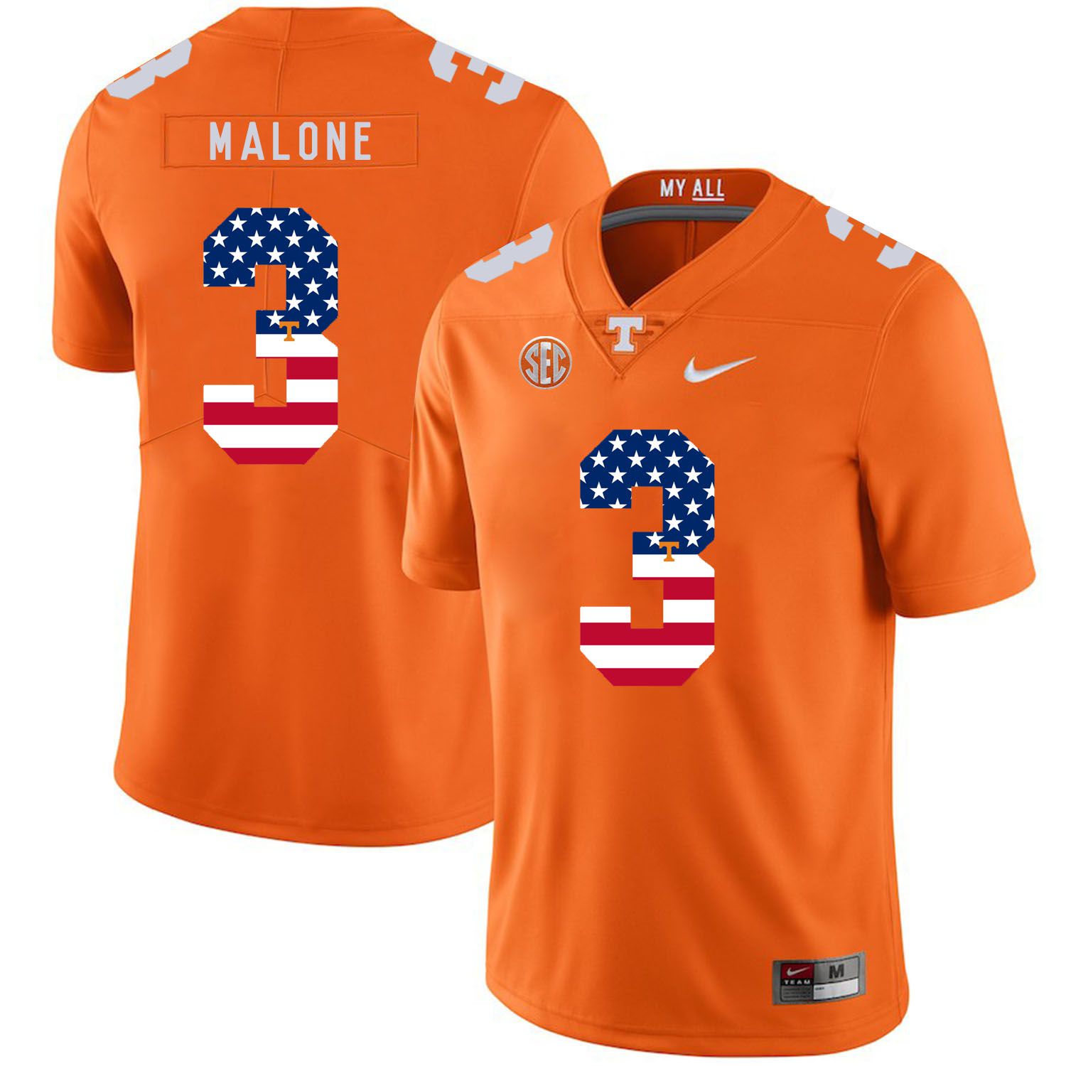 Men Tennessee Volunteers #3 Malone Orange Flag Customized NCAA Jerseys
